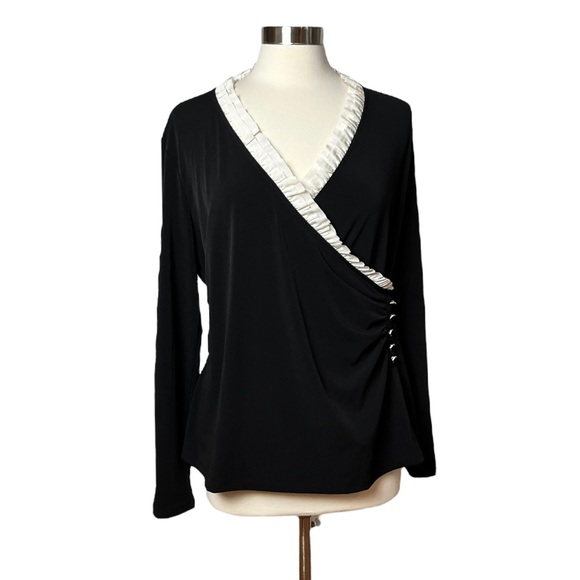 Charter Club Black Crossover Front Top with Ivory Ruffle Trim - Picture 1 of 15